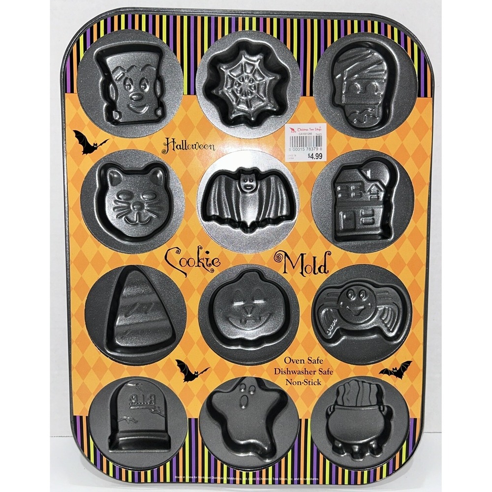 Halloween Cookie Pan 12 Spooky Shapes Ghost Frankenstein Bat Cat Spider New